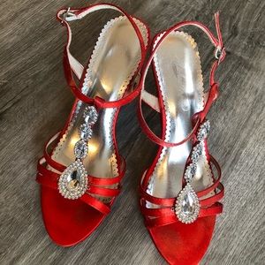 Red Orange Studded Strappy 2 1/2 inch Heels Size 7